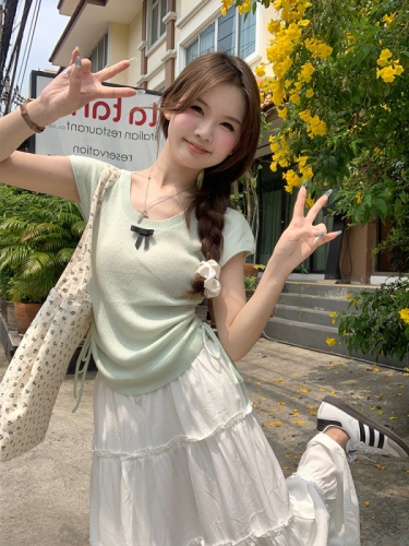Real shot of colorful summer~Korean chic simple multi-color bow knitted waistcoat top for girls