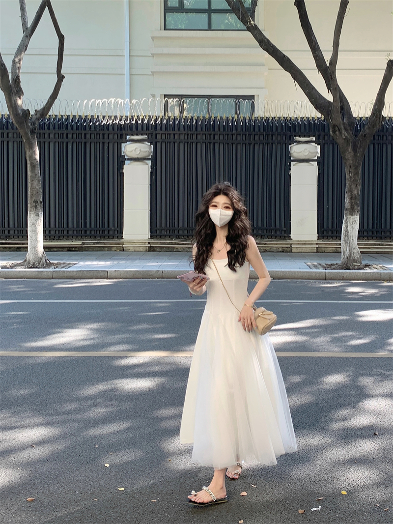 實拍#白色吊帶連衣女夏季網紗蓬蓬仙女裙初戀小白裙禮服裙