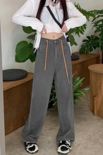 Actual shot of 2024 spring new style loose high-waist slim drawstring Hong Kong style retro washed denim straight pants for women