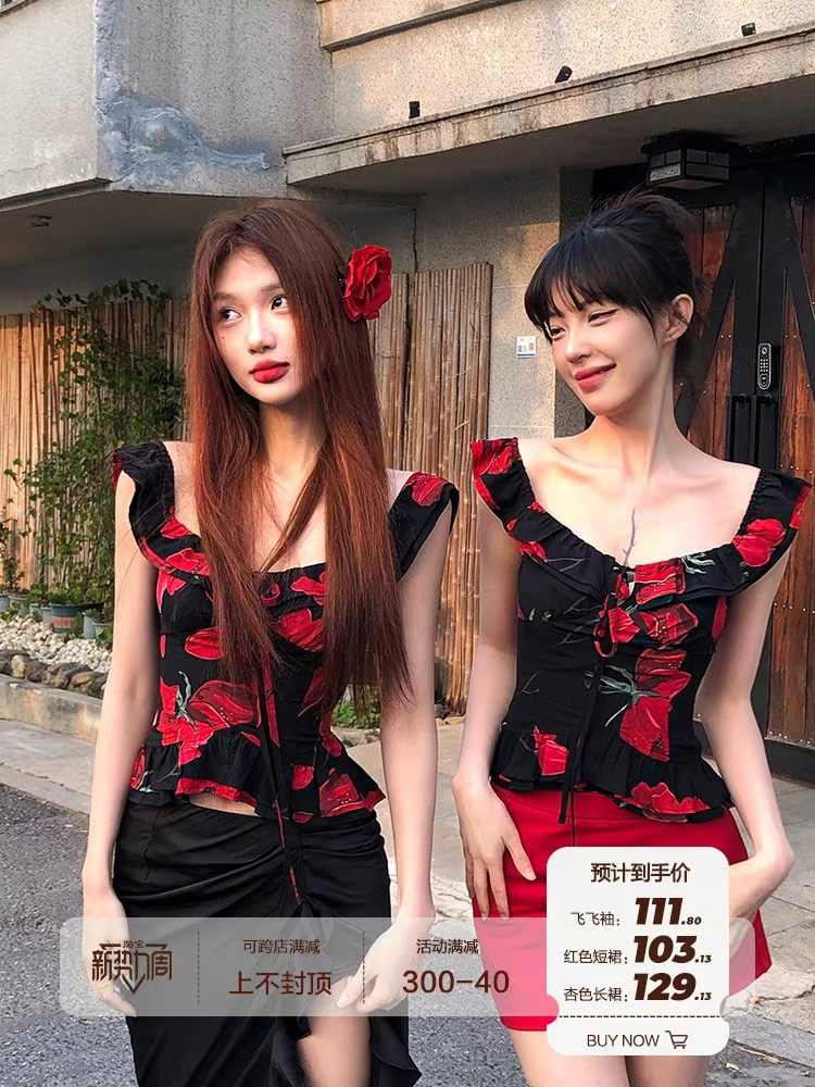 12YE紅色小飛袖上衣女夏季短款設計感方領襯衫純欲甜辣泰式小吊帶