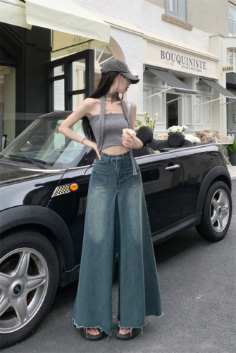 Retro wide-leg jeans skirt for women summer 2024 new high-waist slim design raw edge loose flared pants