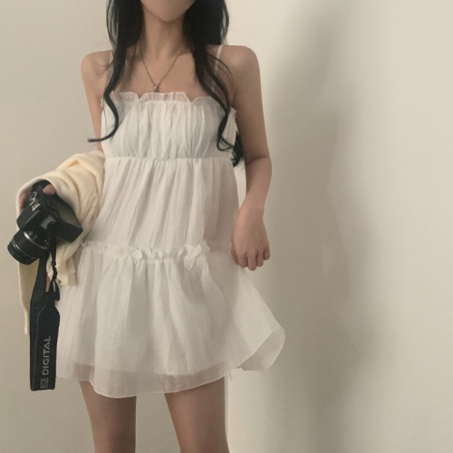 Korean chic spring and summer new style fungus chiffon suspender dress cake skirt