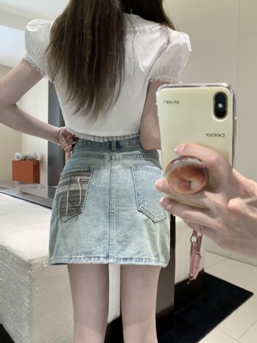 Actual shot #New high-waisted denim skirt for women, back pocket design, A-line hip short skirt