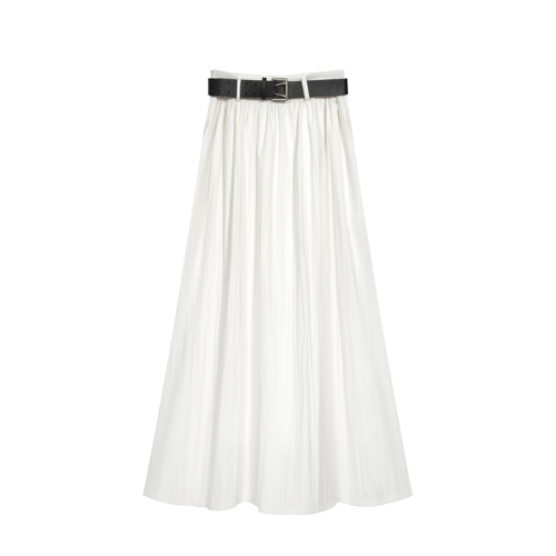 Actual shot of 2024 summer new style high-waisted slim white mid-length skirt with feminine temperament and versatile a-line long skirt