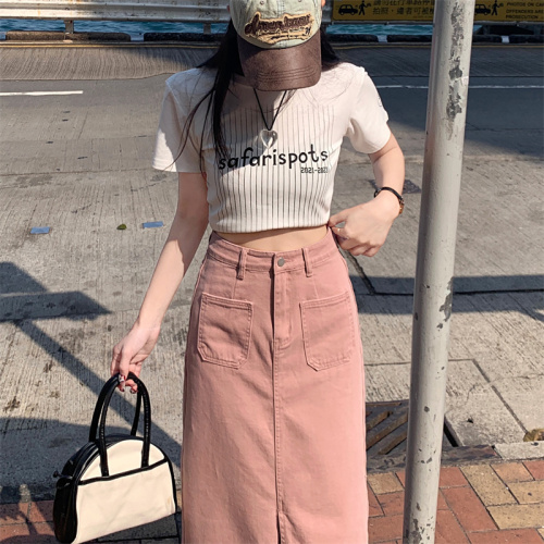 Real shot~Dirty pink denim skirt for women summer new Hong Kong style ins high waist slimming versatile hip skirt