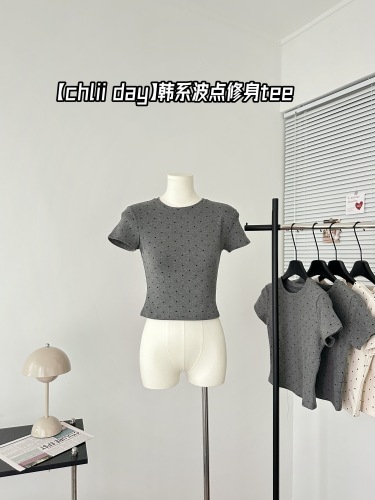 Baishui women's chill day polka dot short-sleeved T-shirt women's new round neck summer slimming Korean style top