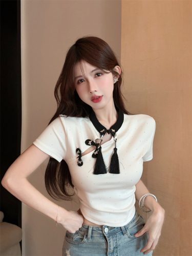 Actual shot ~ New Chinese style plate buckle tassel pleated waist T-shirt with fashionable design, slimming and slimming diamond national style top