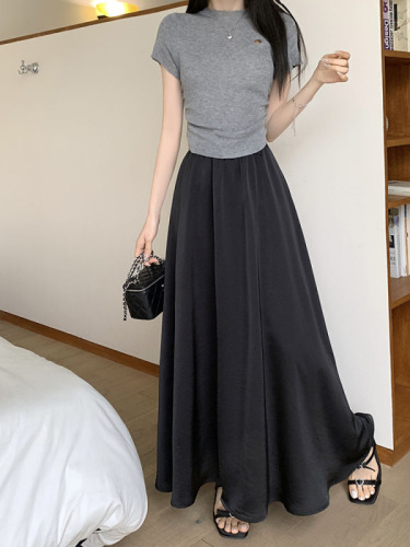 Actual shot ~ 2024 new Korean satin long skirt with elastic waist and slimming A-line drape skirt