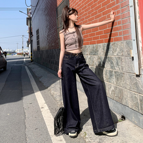 Actual shot of retro loose wide-leg pants, floor-length, versatile straight-leg jeans for women, spring and summer new & longer trousers