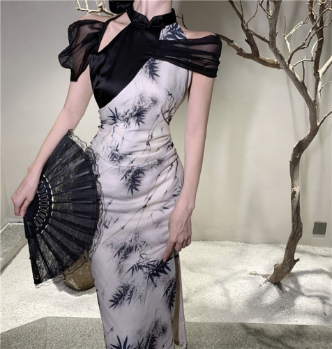 Real shot of retro Chinese style elegant bamboo print improved cheongsam dress mid-length