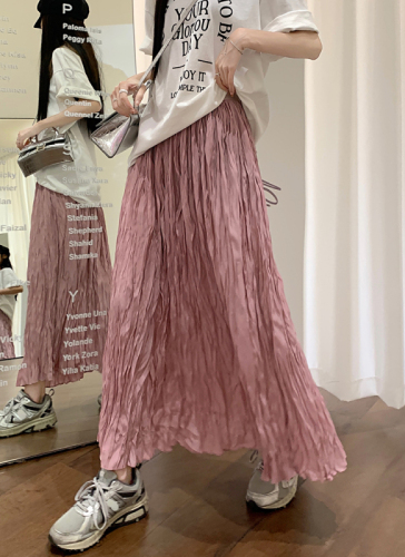 Real shot of high-waisted A-line skirt for women, designer mid-length skirt, high-end solid color pleated long skirt