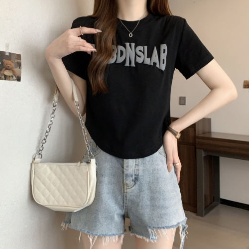 Real shot 40 count pure cotton 2024 summer foam printed short-sleeved T-shirt women Iins trendy short slim top