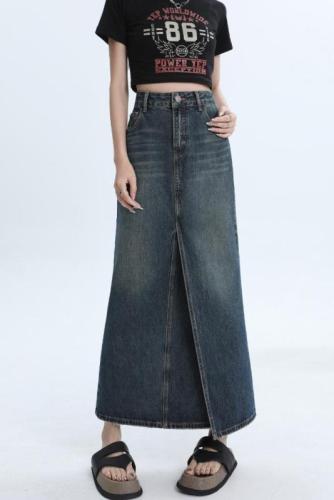Internet celebrity long denim skirt for women spring and summer Korean style retro slit fashionable slit slim straight long skirt