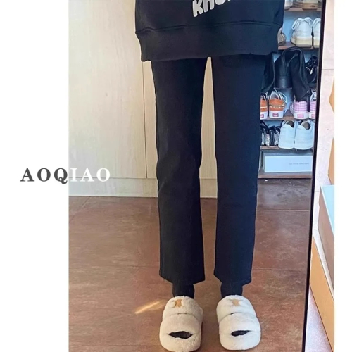 Black straight thin jeans for women 2024 spring and summer high waist elastic slimming large size petite nine-point cigarette pants