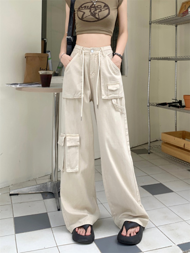 Real shot of American retro overalls, jeans, women's spring high-waisted straight wide-leg pants, loose long pants, trendy