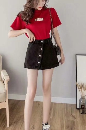 Jeans skirt shorts women's summer skirt high-waisted A-line short skirt loose-breasted and slim Korean version for small students