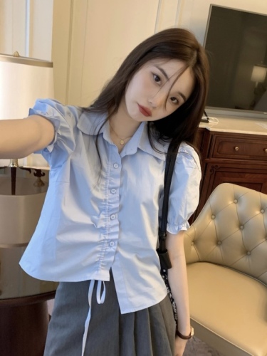 Real shot~Chinese style summer design drawstring hot girl short-sleeved shirt~