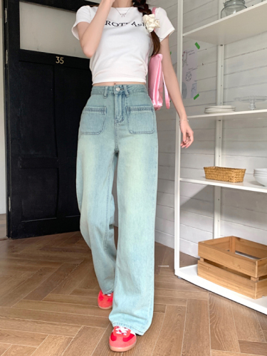 Real shot of retro nostalgic washed double pocket denim straight floor mopping trousers