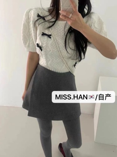 2024 Spring and Summer New Arrival Gentle Style Bow Decorated Round Neck Pullover Short Sleeve Knitted Slim Korean Top