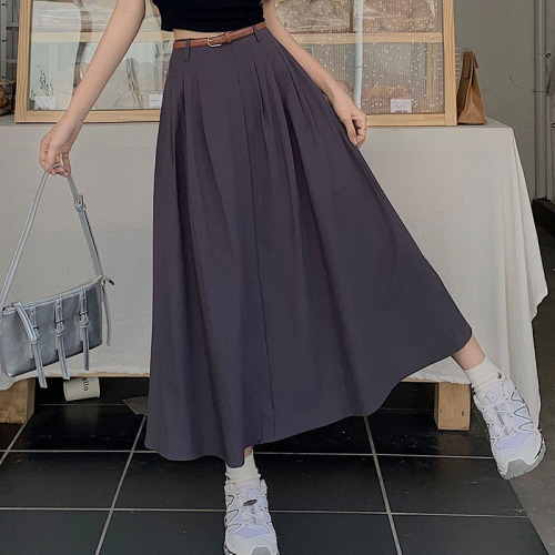 Actual shot of spring and summer new thin material skirt for women, high waist, solid color, versatile A-line mid-length skirt with belt