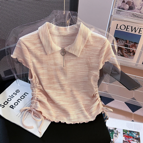 Actual shot of 2024 new summer style zipper polo collar design slim fit versatile short-sleeved T-shirt tops for women