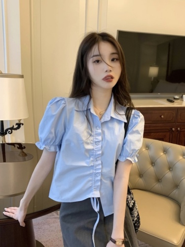 Real shot~Chinese style summer design drawstring hot girl short-sleeved shirt~