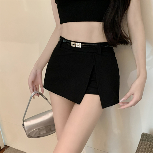Real shot ~ hot girl slit short skirt women's anti-exposure a-line skirt small butt-covering casual skirt with belt