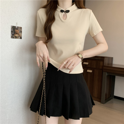 Real shot of right shoulder short-sleeved T-shirt for women in summer new style new Chinese style button-down top for small people with niche design
