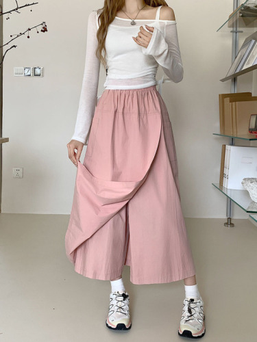 Actual shot of 2024 spring and summer new skirt for women, loose slimming solid color mid-length A-line skirt casual culottes