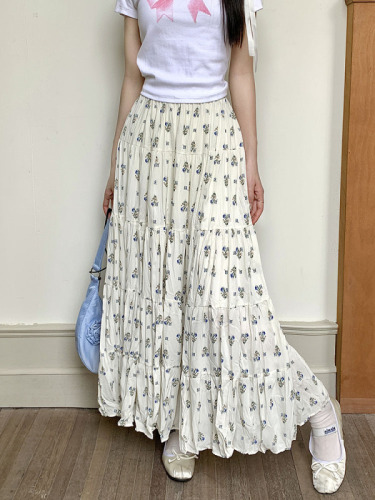 Actual shot ~ New French niche pleated floral skirt with layered high-waist design skirt