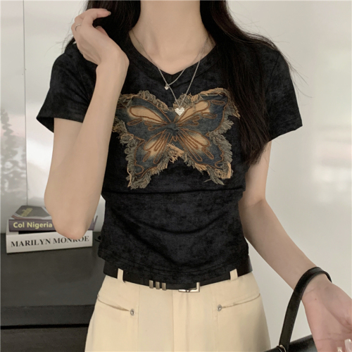 Real shot of new summer V-neck butterfly patch smudged pleated slim-fitting short-sleeved T-shirt top
