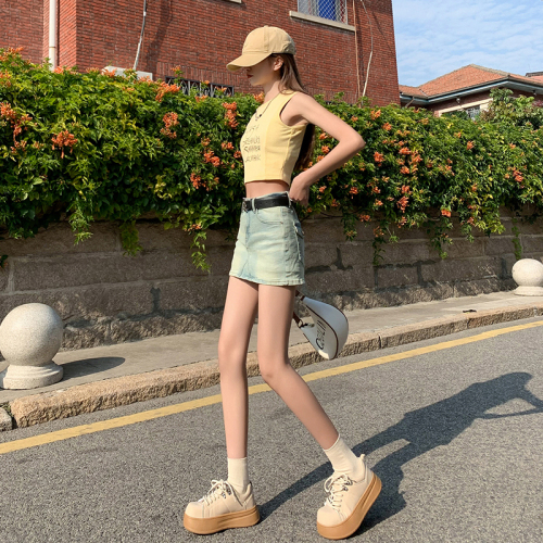 Real shot of denim skirt for women 2024 summer new high-waist elastic anti-exposure hot girl hip-covering short skirt