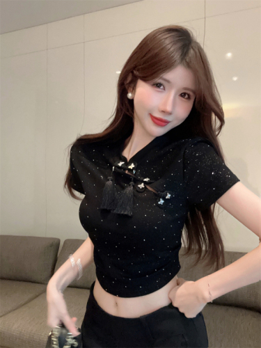 Actual shot ~ New Chinese style plate buckle tassel pleated waist T-shirt with fashionable design, slimming and slimming diamond national style top