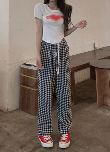 Actual shot of pink loose plaid trousers casual wide-leg high-waisted trousers