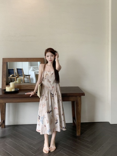 Real shot~~Retro style new Chinese style butterfly print suspender dress~