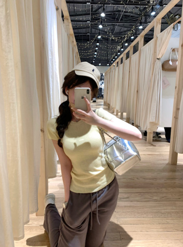 Actual shot of new yellow short-sleeved T-shirt women's bottoming sweater short slim slim top summer