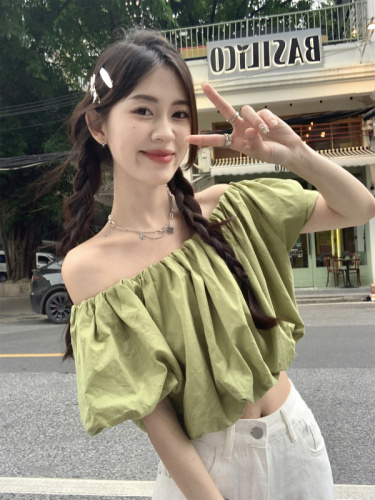 Real shot~Korean style fashion versatile one-shoulder short slimming top