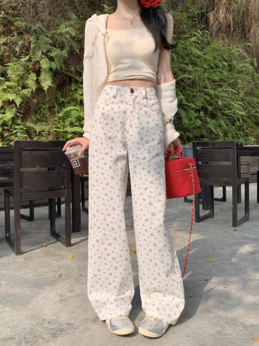 Real shot of thin casual wide-leg small floral wide-leg pants