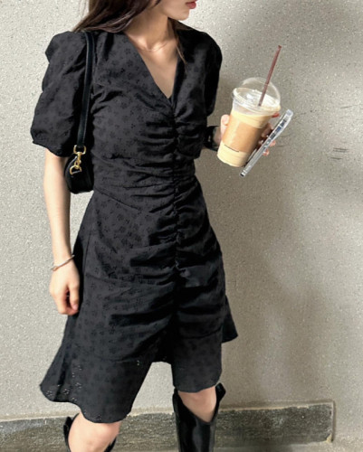 More sizes Korean chic summer V-neck embroidered flower strap waist small ruffle dress