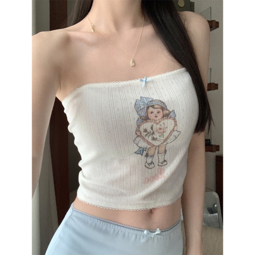 Real shot of sweet hottie lace direct spray printed bow tube top vest for women summer short top