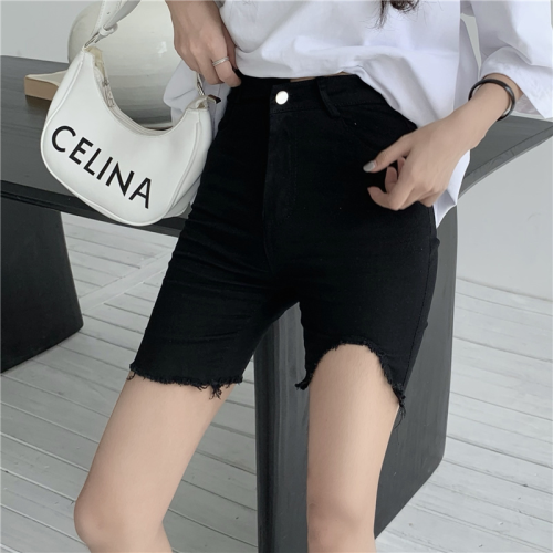 Actual shot of new spring and summer elastic irregular mid-pants tight high-waisted slimming jeans for women