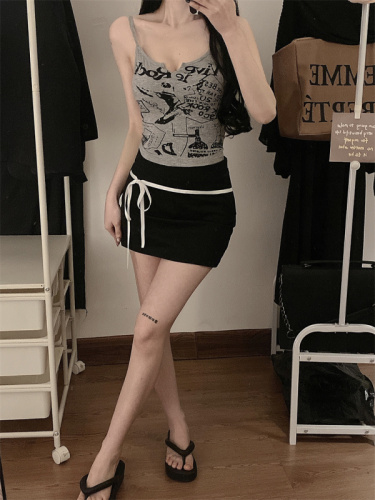 Real shot!  American printed camisole elastic outer wear short slim fit top with chest pads