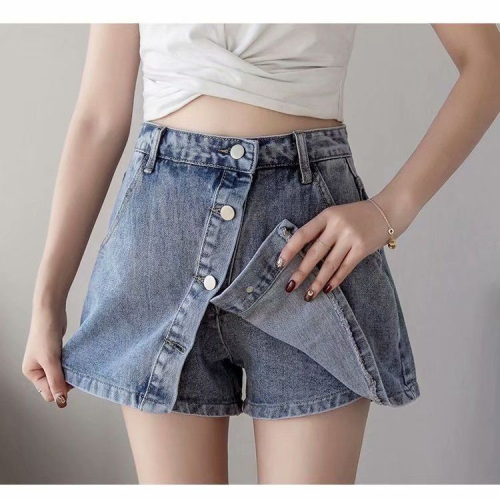 Jeans skirt shorts women's summer skirt high-waisted A-line short skirt loose-breasted and slim Korean version for small students