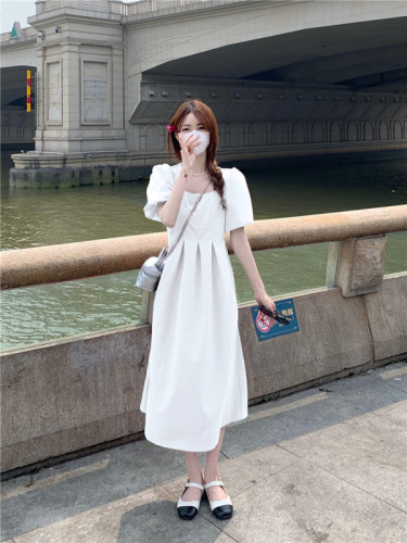Actual shot~French square neck puff sleeve pleated high-end waist slimming dress
