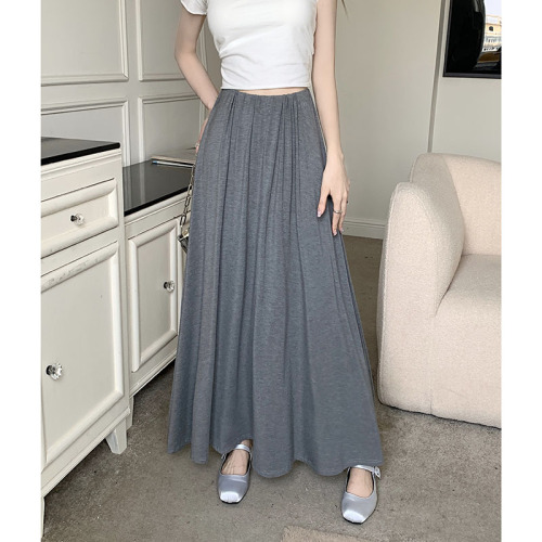 Actual shot of solid color thin material knitted skirt for women, high waist, slimming, loose and drapey, wide hem, A-line long skirt