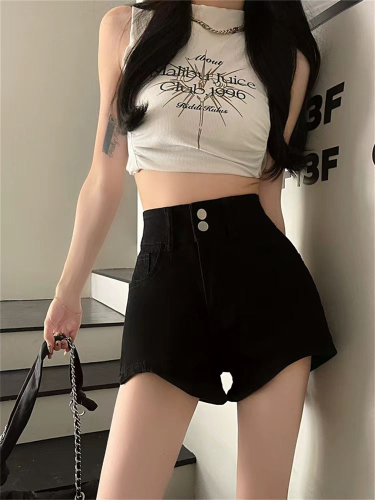 Hot girl showing long legs black denim shorts for women summer 2024 plus size fat mm high waist slimming casual hip-covering hot pants