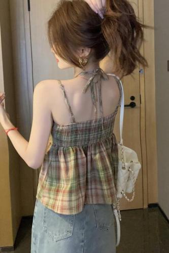 Contrast plaid camisole women's summer 2024 new loose and slim hot girl chic short top real shot