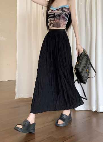 Real shot of high-waisted A-line skirt for women, designer mid-length skirt, high-end solid color pleated long skirt