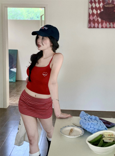 Real shot~Red camisole with rhinestoned love letter design hot girl top + plaid hip-covering skirt