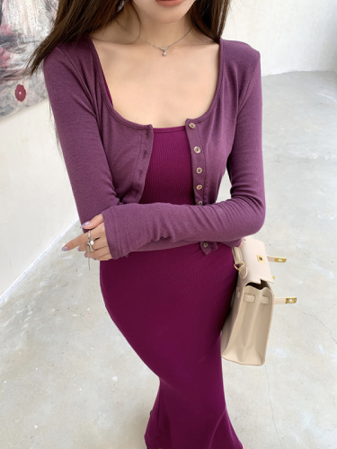 Actual shot of 2024 spring new style cashmere waisted short style slim fit tall and thin knitted cardigan jacket for women